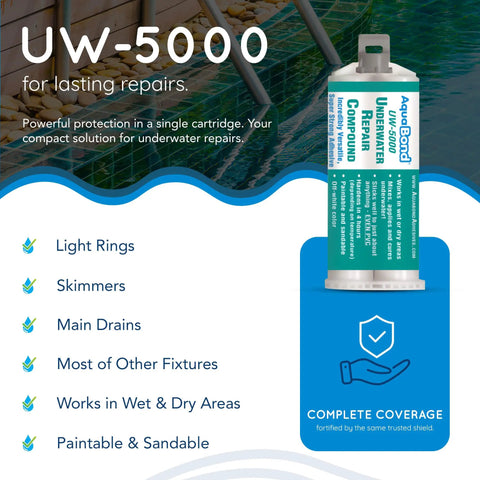 Image of UW-5000 underwater repair compound cartridge against a pool background, used for sealing light rings, skimmers, and drains.