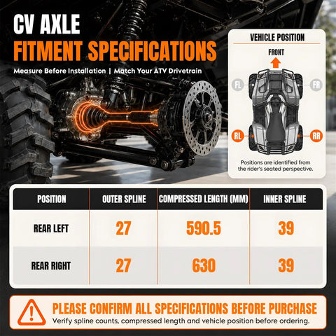 Fitment specifications and dimensions of Heavy Duty Rear CV Axle Shaft Assembly For Yamaha Rhino 450 660 700.