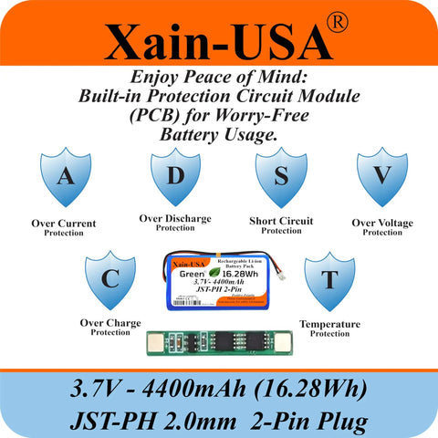 One Pack 3.7V 4400mAh Li Ion Battery Pack With JST PH 2 Pin Connector and built-in safety protection features displayed.