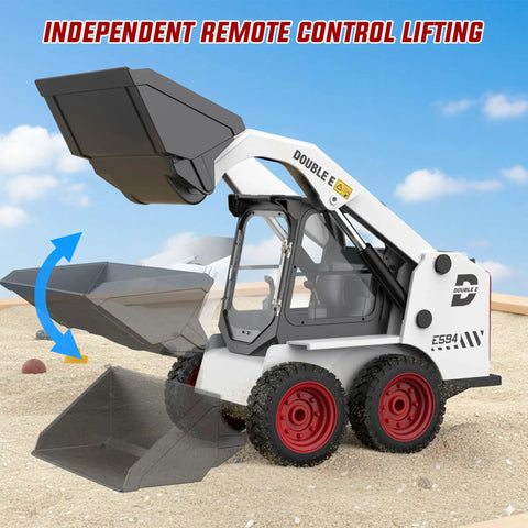 1:14 Scale RC Skid Steer Loader Toy for Kids With 2.4GHz Remote, showcasing realistic digging action on sand.