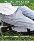 Person using Knee Seat For Gardening And Farm Work Strap On Kneeling Device To Save Your Labor Protects Your Knees With Durable Iron Frame Supports Up To 330 Pounds Black Kneeler For Garden in grass.