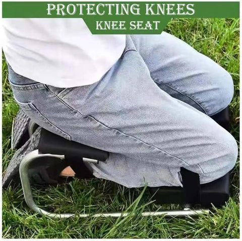 Person using Knee Seat For Gardening And Farm Work Strap On Kneeling Device To Save Your Labor Protects Your Knees With Durable Iron Frame Supports Up To 330 Pounds Black Kneeler For Garden in grass.