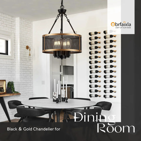 13.8-Inch Modern Semi Flush Mount Chandelier With Dope Black And Gold Mesh Drum in dining room over table