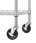 Close-up of steel wheels on Heavy Duty 3 Tier Utility Cart With Wood Top, Steel Service Cart On Wheels, NSF Listed Food Service Trolley, 500 Lb Capacity