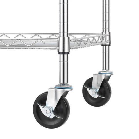 Close-up of steel wheels on Heavy Duty 3 Tier Utility Cart With Wood Top, Steel Service Cart On Wheels, NSF Listed Food Service Trolley, 500 Lb Capacity
