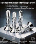 12 By 2 And A Half Inch Flat Head Phillips Self Tapping Screws For Metal And Plastic, 410 Stainless Steel High Hardness Self Drilling Screws on display