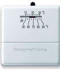 Front view of Economy Millivolt Non Programmable Thermostat White With Simple Temperature Control Bimetal Sensor Snap Action Switch Mercury Free Easy To Use For Gas Fireplaces And Home Heaters.