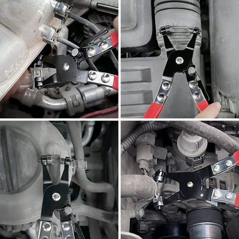 Pro Grade Hose Clamp Pliers With Swivel Flat Band Heavy Duty Repair Tool in use on automotive radiator and heater hoses.