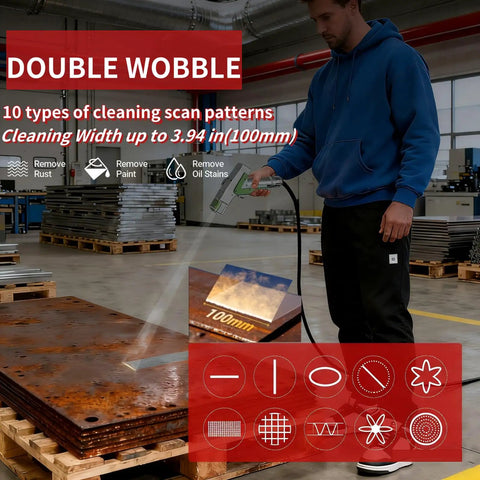 Heavy Duty 1500W Double Wobble Laser Welder Cutting And Cleaning Rig With Auto Wire Feeder For Tough Metal Jobs and Slick Seam Finishes On Stainless Steel Alloys in use, demonstrating cleaning scan patterns.