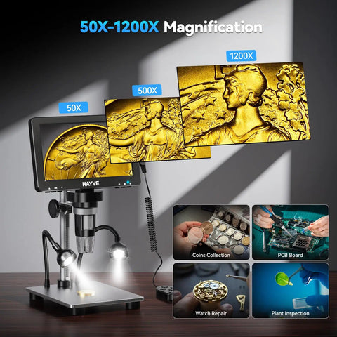 7 Inch IPS Digital Microscope With Rotatable HD Screen 1200X Magnification, 16MP Camera, Coin Microscope With Built In Lights For Ultra Crisp Close Ups, Easy Viewing, No Lag Imaging, Perfect For Classrooms And Hobbyists. Showing coin detail and inspection uses