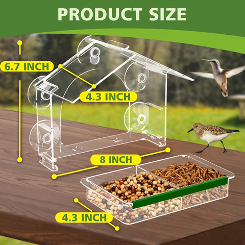 Epic Window Bird Feeder With Five Extra Strong Suction Cups For Outdoors, showing size dimensions and removable tray