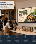 Heavy Duty 65 Inch Wall Mounted Digital Signage Display 4K Menu Board Indoor Commercial Business Advertising Screen showing food options.