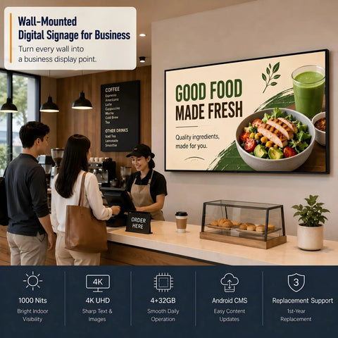 Heavy Duty 65 Inch Wall Mounted Digital Signage Display 4K Menu Board Indoor Commercial Business Advertising Screen showing food options.