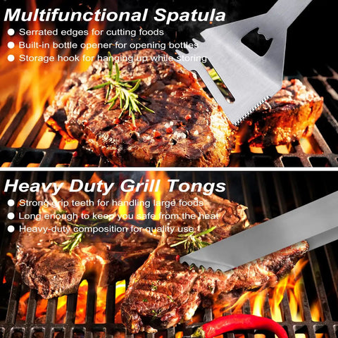 Ultimate 26 Piece Stainless Steel BBQ Grill Tools Set With Storage Bag For Fathers Day Gifts, spatula and tongs grilling meat