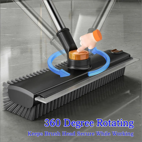 Close-up of 4-In-1 Floor Scrub Brush With Squeegee Long Handle 52 Inch Rotating Tile Brush For Grout Cleaning Bathroom Patio Pool Garage Pro-Grade Stiff Bristle Scrubber showing rotating mechanism.