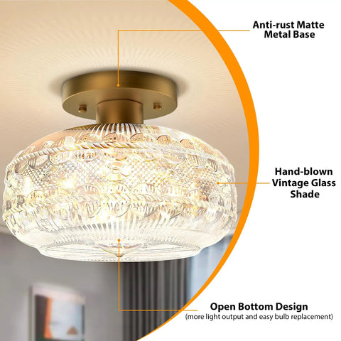 Industrial Semi Flush Mount Gold Globe Glass Ceiling Light Fixture For Hallways Entryways Kitchens And Bathrooms Vintage Farmhouse Style Lamp Bulb Not Included Cozy Warm Glow For A Homey Vibe with hand-blown glass shade and matte metal base