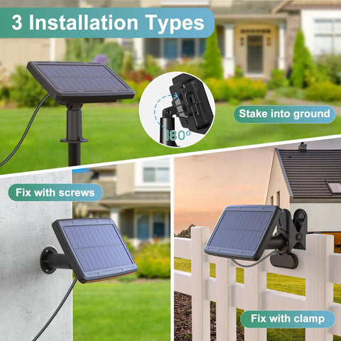 Three installation types for 105ft Solar String Lights Outdoor Waterproof Patio Lighting With 30 Plus 2 Shatterproof S14 Bulbs.