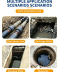 Main sewer line, drainage ditch, sewage pipe, and manhole showcasing versatility of Top Tier Heavy Duty Manganese Steel Sewer Drain Snake With 49 Foot Auger Cable.