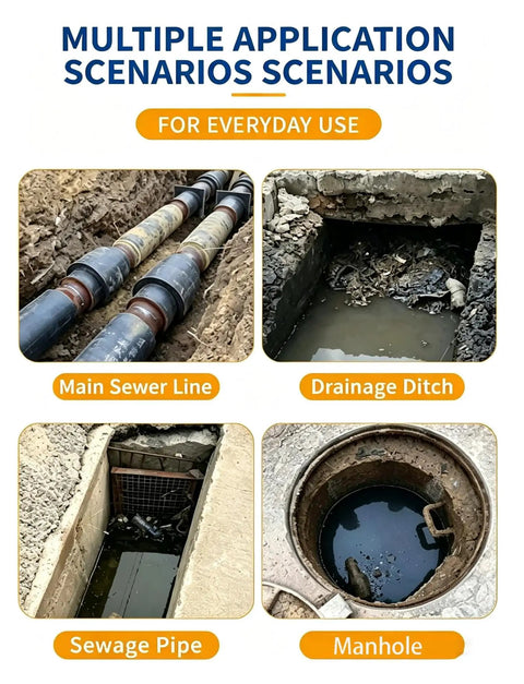 Main sewer line, drainage ditch, sewage pipe, and manhole showcasing versatility of Top Tier Heavy Duty Manganese Steel Sewer Drain Snake With 49 Foot Auger Cable.