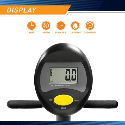Digital display on Recumbent Indoor Bike With Magnetic Resistance And Transport Wheels NS 716R showing time, speed, distance