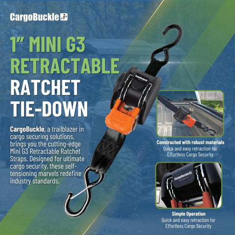 Mini G3 Retractable Ratchet Straps with Dual S Hooks, 1 inch by 6 feet, black with orange auto lock, 1400 lbs break strength.