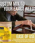 No Drama Wood Filler Powder For Straight Shooting Grain Repair And Total Game Changing White Oak Tintable Mix With Water To Crush Shrinking And Cracking 150 Gram Pack being applied with a brush on wood.