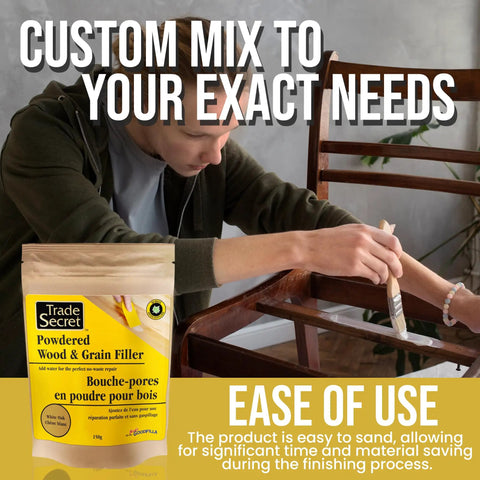 No Drama Wood Filler Powder For Straight Shooting Grain Repair And Total Game Changing White Oak Tintable Mix With Water To Crush Shrinking And Cracking 150 Gram Pack being applied with a brush on wood.