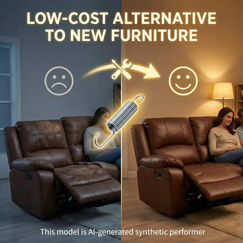 Hassle Free Two Pack 3-5/8 Inch Recliner Tension Spring Replacement restores comfort to recliners, showing before and after effects.