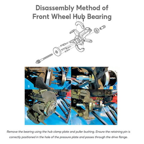 Disassembly of front wheel hub bearing using Wheel Hub Bearing Removal Puller And Install Kit For Front Wheel Drive Cars Pro Grade Heavy