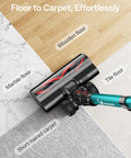 Beast Mode Cordless Vacuum Cleaner With 650W Motor shown on marble, wood, tile floors and carpet.