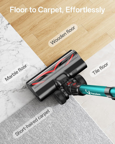 Beast Mode Cordless Vacuum Cleaner With 650W Motor shown on marble, wood, tile floors and carpet.