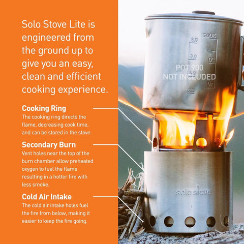 Ultra Lightweight Wood Burning Stove Kit For Backpacking And Camping With Backup Alcohol Burner Survival Ready Emergency Prep Gear That Burns Twigs No Batteries Or Liquid Fuel Needed, stainless steel stove demonstrating air intake and secondary burn features.