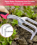 Heavy Duty Garden Tools Set 3 Pack With Shovel Transplant Trowel And Hand Rake Aluminum Alloy Handles Red Built For Digging Weeding Planting And Transplanting In Your Home Garden, showing close-up of hand rake in soil