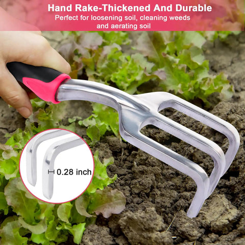 Heavy Duty Garden Tools Set 3 Pack With Shovel Transplant Trowel And Hand Rake Aluminum Alloy Handles Red Built For Digging Weeding Planting And Transplanting In Your Home Garden, showing close-up of hand rake in soil