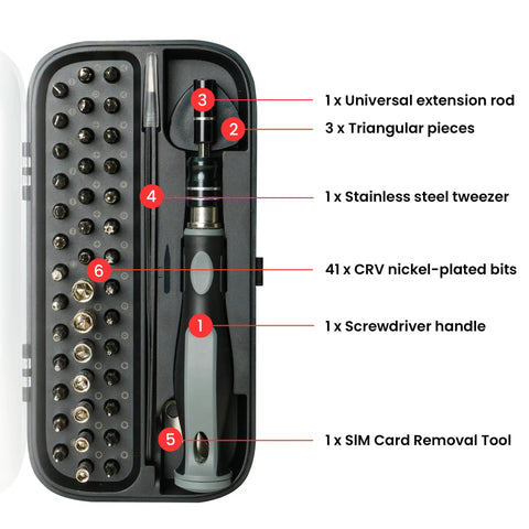 Open view of Pocket Precision Screwdriver Set 48 In 1 Magnetic Kit with 41 CRV bits, handle, and tools for electronics repairs.