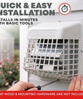 Universal Outdoor Vent Bird Guard For 3 To 4 Inch Dryer And Bath Exhaust Covers Keeps Birds Rodents And Debris Out Without The Fuss While Keeping Airflow Clean In Durable Plastic being installed on a wall.