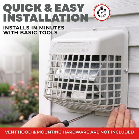 Universal Outdoor Vent Bird Guard For 3 To 4 Inch Dryer And Bath Exhaust Covers Keeps Birds Rodents And Debris Out Without The Fuss While Keeping Airflow Clean In Durable Plastic being installed on a wall.
