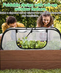 Pop Up Garden Mesh Cover For Raised Beds 45 By 18 By 20 Inches Plant Protector with roll-up window in use over plants