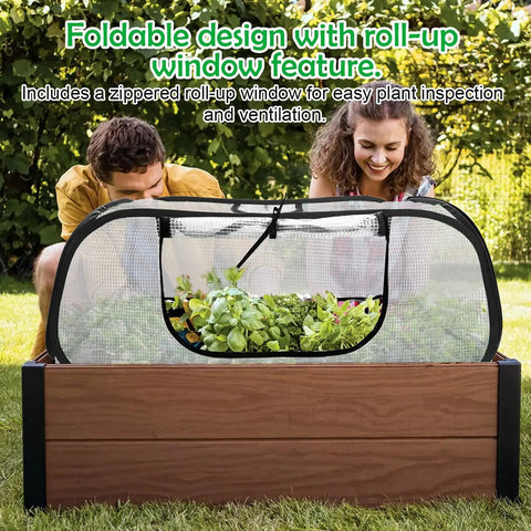 Pop Up Garden Mesh Cover For Raised Beds 45 By 18 By 20 Inches Plant Protector with roll-up window in use over plants