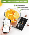 Smart Food Kitchen Scale With Nutrition Calculator showing oranges in bowl, app display for calorie tracking, precise portion control