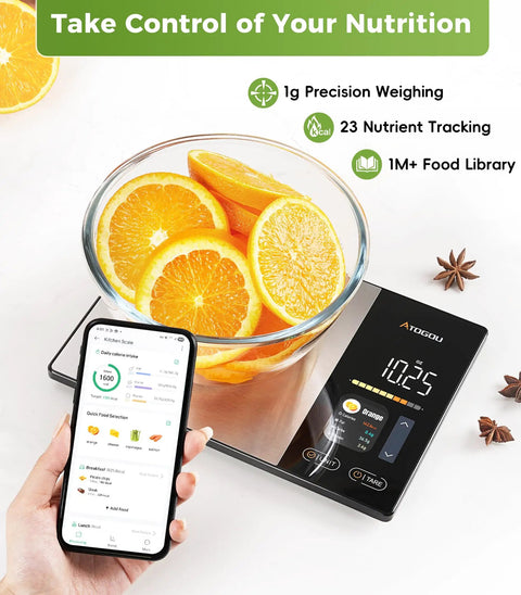 Smart Food Kitchen Scale With Nutrition Calculator showing oranges in bowl, app display for calorie tracking, precise portion control