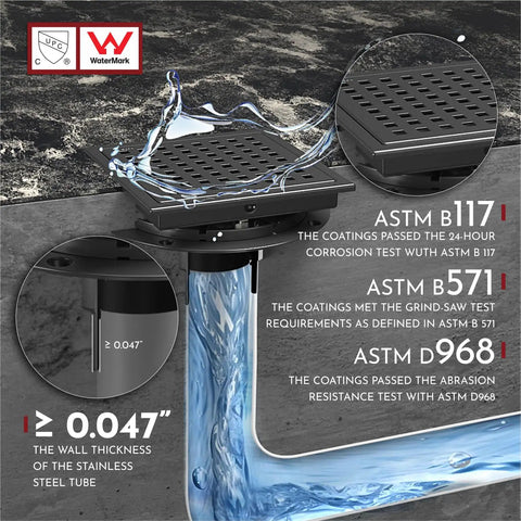 6 Inch Square Shower Floor Drain With Flange Matte Black SUS 304 Watermark And CUPC Certified with flowing water illustration
