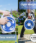 Person carrying Retractable Garden Hose Reel With 10 Patterns Spray Nozzle, 50Ft Auto Wind Up Hose Holder in garden