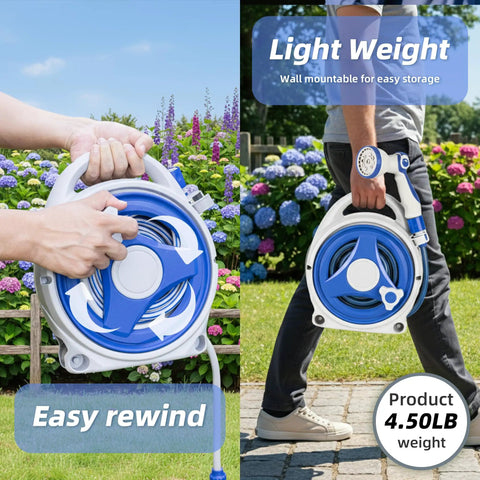 Person carrying Retractable Garden Hose Reel With 10 Patterns Spray Nozzle, 50Ft Auto Wind Up Hose Holder in garden