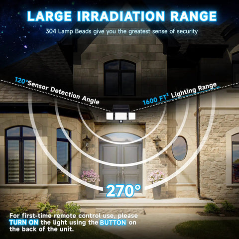 Illustration of large irradiation range by Solar Powered Outdoor Security Lights Waterproof With Motion Sensor And Remote 270 Degree Wide Angle Flood Lighting For Garden House Yard IP65 Wireless Outdoor Lamps Dusk To Dawn And Motion Activated Lit 2 Pack