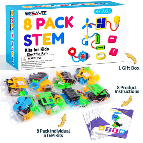 Eight Pack Electrical Fan STEM Kits For Kids Ages 8 To 12, Hands On Science And Engineering Toys For Boys And Girls, Classroom Projects, Independent Assembly, Learn Circuits And Motors, Batteries Not Included, showing kit contents and box