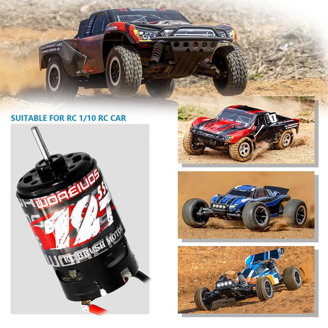 550 Brushed Motor 12T With Heatsink Combo For One Tenth Scale RC Trucks showing motor and RC trucks in action