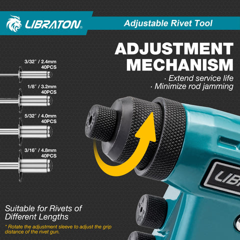 Adjustment mechanism of Heavy Duty Pop Rivet Gun Kit For Pros And DIYers, Manual Riveter Set With 160 Aluminum Rivets, 4 Tool Free Interchangeable Nozzles, 4 Drill Bits, And Sturdy Storage Case, showing rivet sizes and tool details.