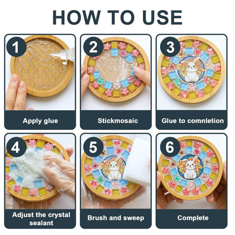 Step-by-step guide using Mosaic Grout For Crafts Black 400g Quick Dry Crystal Tile Grout for DIY mosaic glass decor assembly.