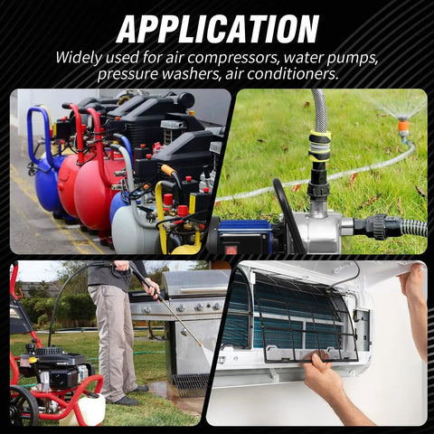 CBB60 Go-To Run Capacitor 25uF 450V AC application images for air compressors, water pumps, pressure washers, air conditioners.